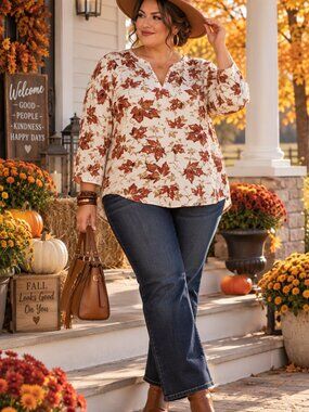 Studio Works Cream Split V-Neck Sweatshirt with Rust Leaf Print